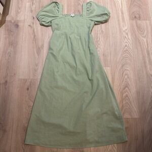 Umgee Linen Blend Puff Sleeve Maxi Midi Dress size S Green Trad Wife Cottagecore